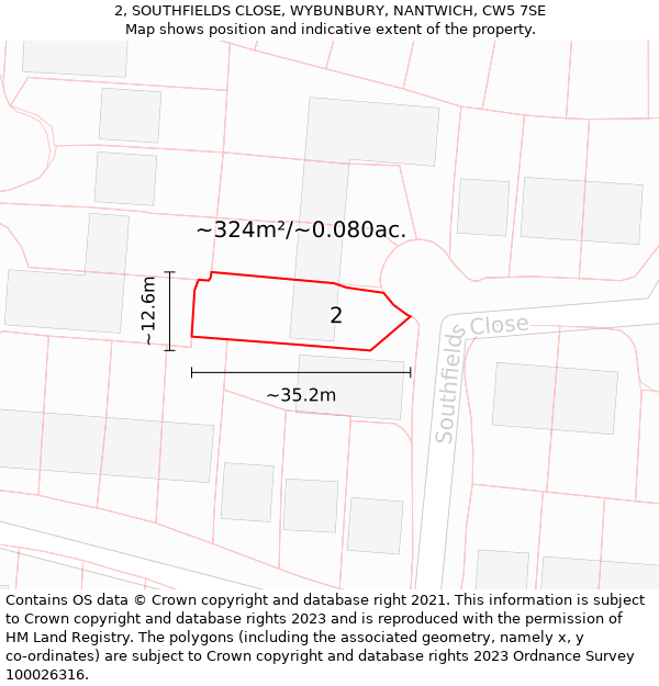 2, SOUTHFIELDS CLOSE, WYBUNBURY, NANTWICH, CW5 7SE: Plot and title map