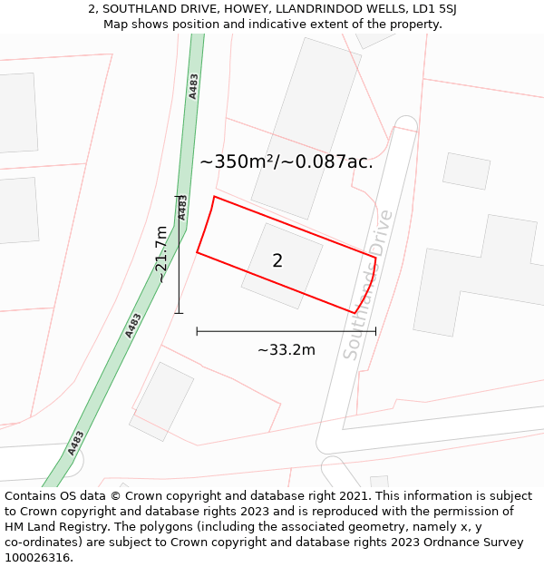 2, SOUTHLAND DRIVE, HOWEY, LLANDRINDOD WELLS, LD1 5SJ: Plot and title map