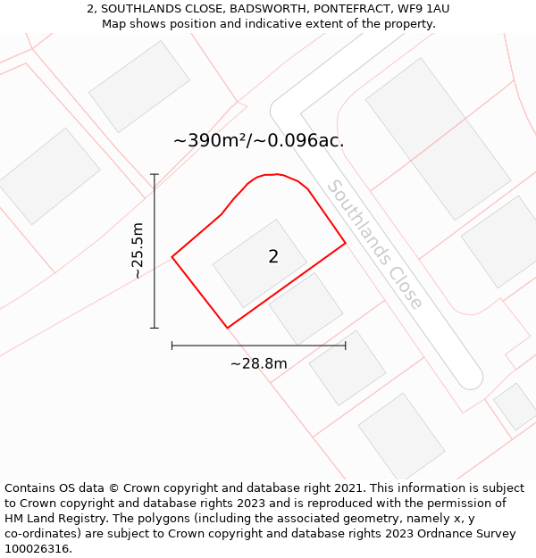 2, SOUTHLANDS CLOSE, BADSWORTH, PONTEFRACT, WF9 1AU: Plot and title map