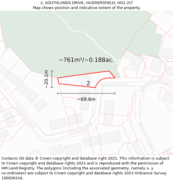 2, SOUTHLANDS DRIVE, HUDDERSFIELD, HD2 2LT: Plot and title map