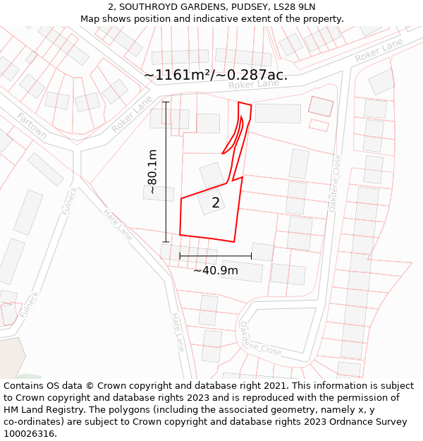 2, SOUTHROYD GARDENS, PUDSEY, LS28 9LN: Plot and title map