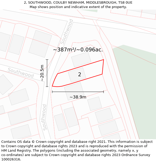 2, SOUTHWOOD, COULBY NEWHAM, MIDDLESBROUGH, TS8 0UE: Plot and title map