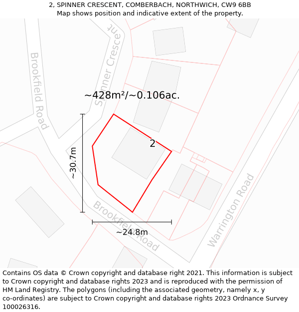 2, SPINNER CRESCENT, COMBERBACH, NORTHWICH, CW9 6BB: Plot and title map