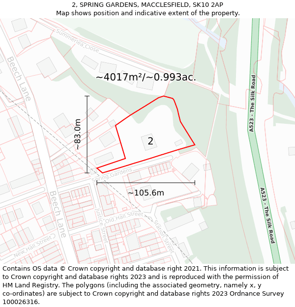 2, SPRING GARDENS, MACCLESFIELD, SK10 2AP: Plot and title map