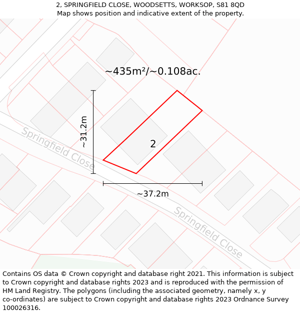 2, SPRINGFIELD CLOSE, WOODSETTS, WORKSOP, S81 8QD: Plot and title map