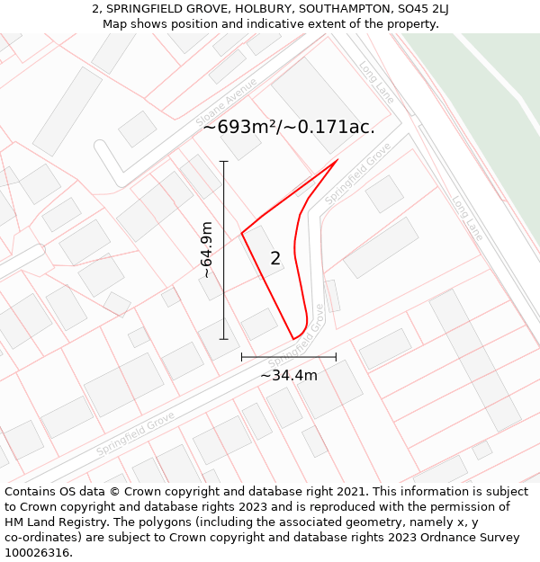 2, SPRINGFIELD GROVE, HOLBURY, SOUTHAMPTON, SO45 2LJ: Plot and title map