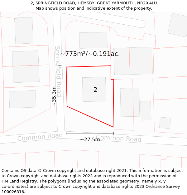 2, SPRINGFIELD ROAD, HEMSBY, GREAT YARMOUTH, NR29 4LU: Plot and title map