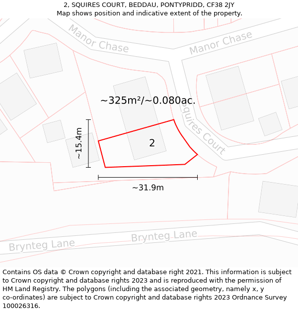 2, SQUIRES COURT, BEDDAU, PONTYPRIDD, CF38 2JY: Plot and title map