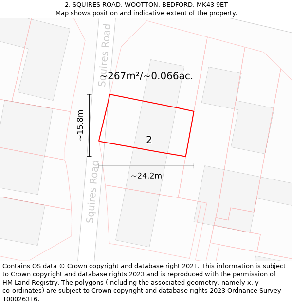 2, SQUIRES ROAD, WOOTTON, BEDFORD, MK43 9ET: Plot and title map