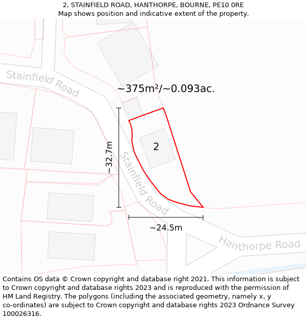 2, STAINFIELD ROAD, HANTHORPE, BOURNE, PE10 0RE: Plot and title map