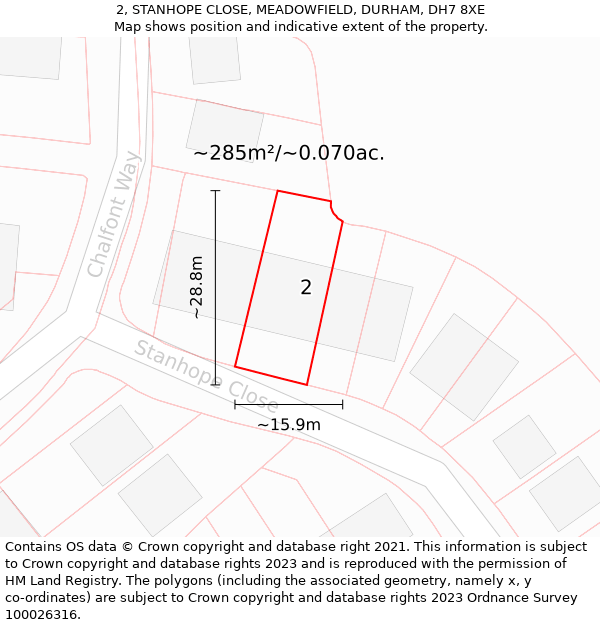 2, STANHOPE CLOSE, MEADOWFIELD, DURHAM, DH7 8XE: Plot and title map