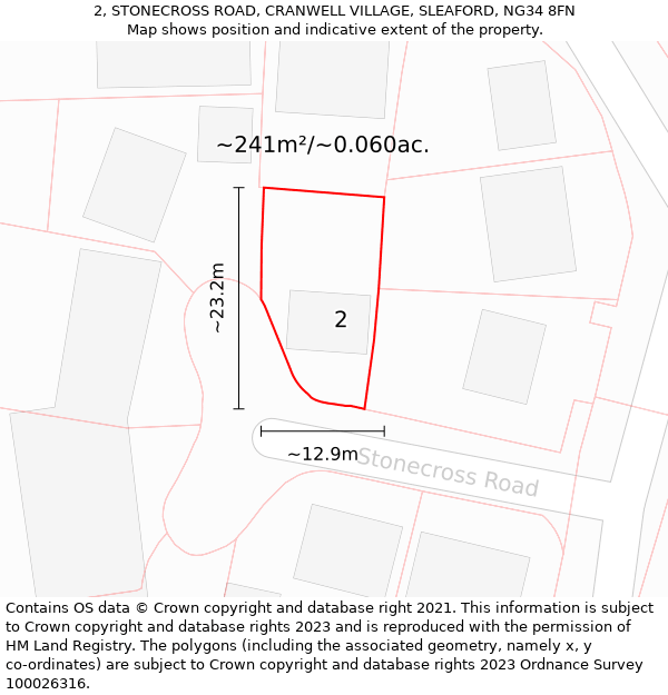 2, STONECROSS ROAD, CRANWELL VILLAGE, SLEAFORD, NG34 8FN: Plot and title map