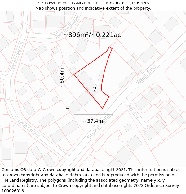 2, STOWE ROAD, LANGTOFT, PETERBOROUGH, PE6 9NA: Plot and title map