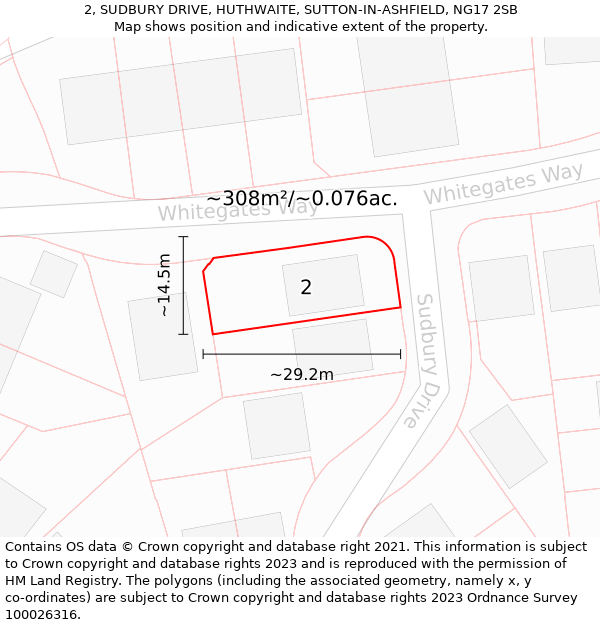 2, SUDBURY DRIVE, HUTHWAITE, SUTTON-IN-ASHFIELD, NG17 2SB: Plot and title map