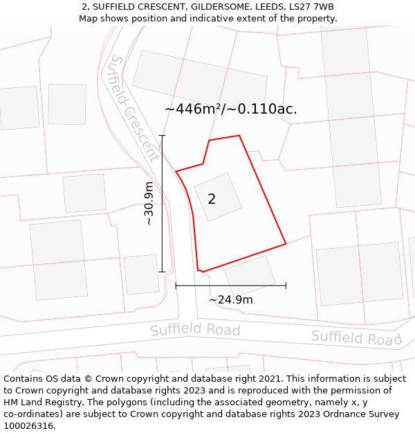 2, SUFFIELD CRESCENT, GILDERSOME, LEEDS, LS27 7WB: Plot and title map