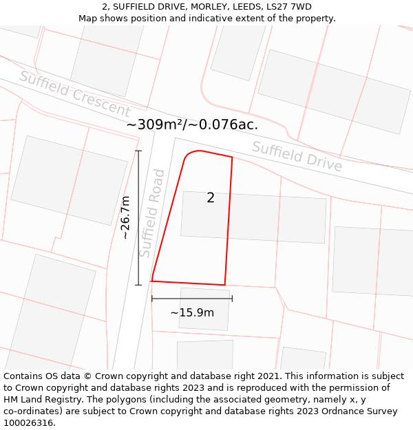 2, SUFFIELD DRIVE, MORLEY, LEEDS, LS27 7WD: Plot and title map