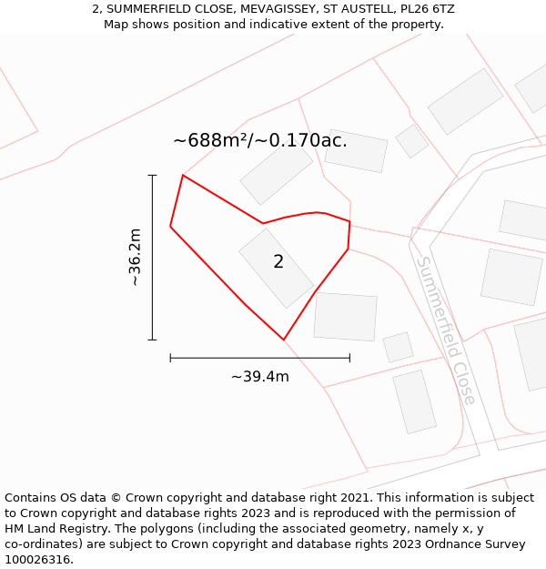 2, SUMMERFIELD CLOSE, MEVAGISSEY, ST AUSTELL, PL26 6TZ: Plot and title map