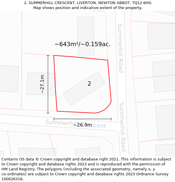 2, SUMMERHILL CRESCENT, LIVERTON, NEWTON ABBOT, TQ12 6HG: Plot and title map