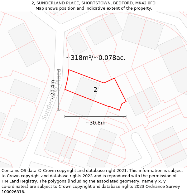 2, SUNDERLAND PLACE, SHORTSTOWN, BEDFORD, MK42 0FD: Plot and title map