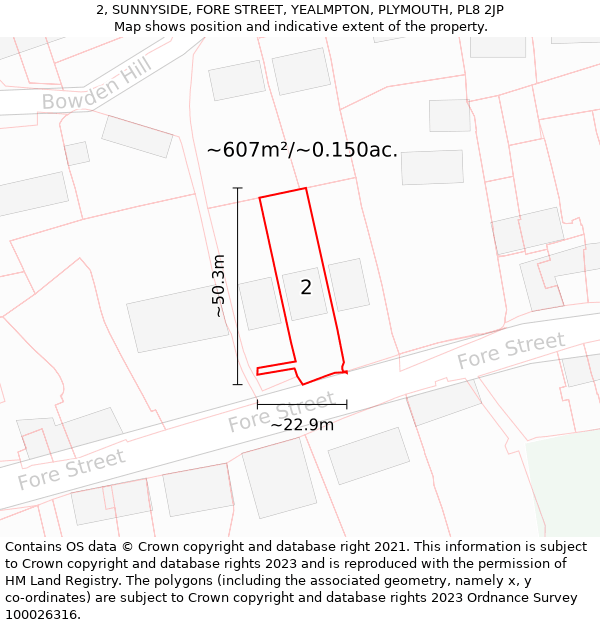 2, SUNNYSIDE, FORE STREET, YEALMPTON, PLYMOUTH, PL8 2JP: Plot and title map