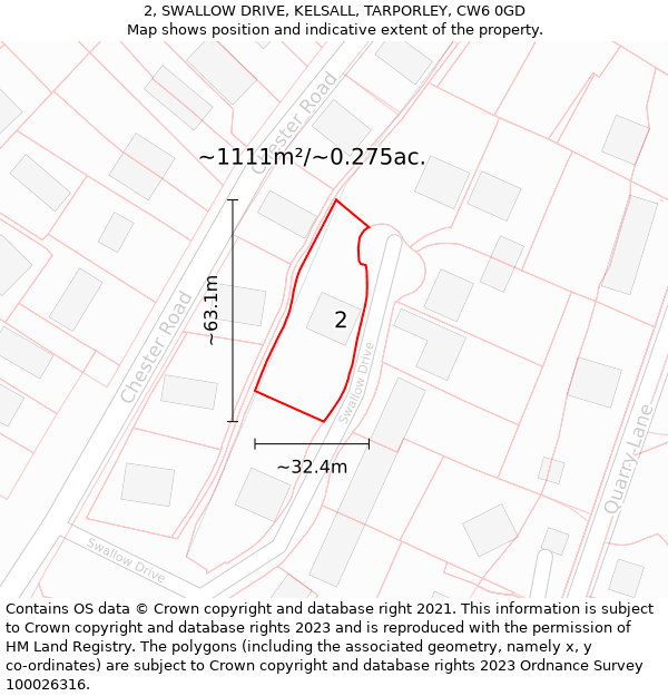 2, SWALLOW DRIVE, KELSALL, TARPORLEY, CW6 0GD: Plot and title map