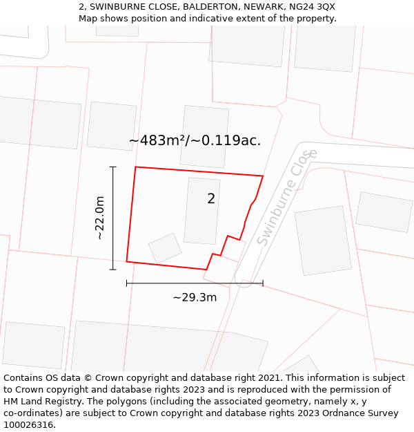 2, SWINBURNE CLOSE, BALDERTON, NEWARK, NG24 3QX: Plot and title map