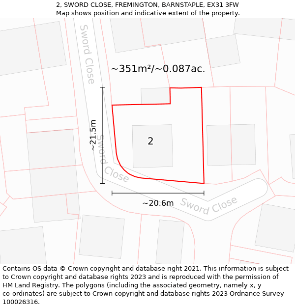 2, SWORD CLOSE, FREMINGTON, BARNSTAPLE, EX31 3FW: Plot and title map