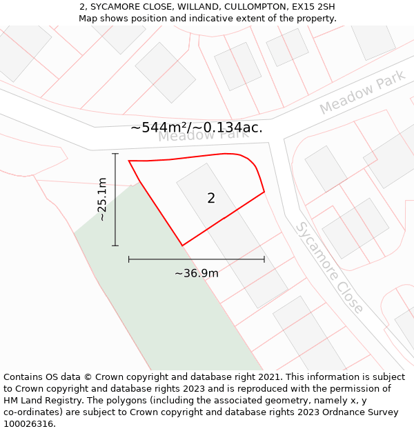 2, SYCAMORE CLOSE, WILLAND, CULLOMPTON, EX15 2SH: Plot and title map