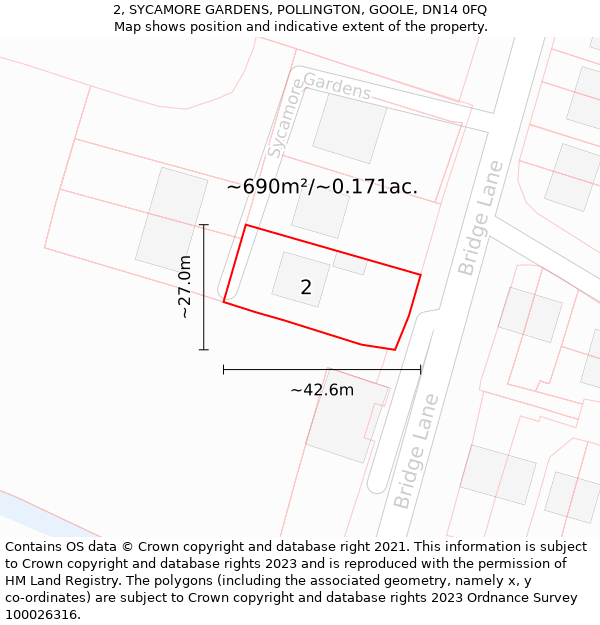 2, SYCAMORE GARDENS, POLLINGTON, GOOLE, DN14 0FQ: Plot and title map