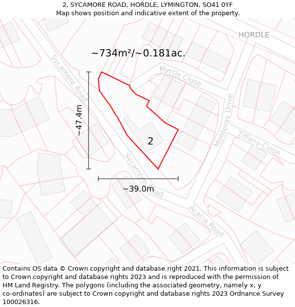 2, SYCAMORE ROAD, HORDLE, LYMINGTON, SO41 0YF: Plot and title map