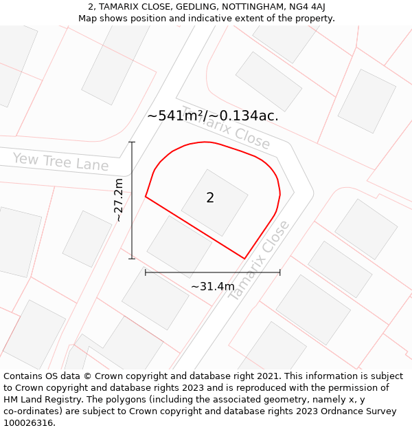 2, TAMARIX CLOSE, GEDLING, NOTTINGHAM, NG4 4AJ: Plot and title map