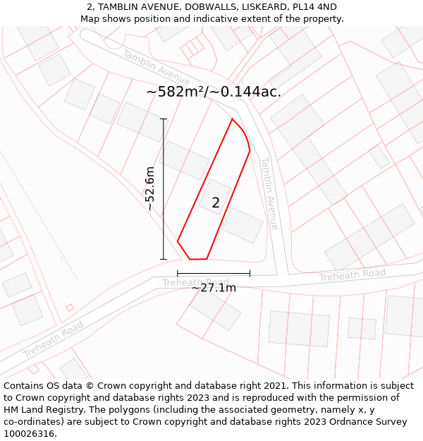 2, TAMBLIN AVENUE, DOBWALLS, LISKEARD, PL14 4ND: Plot and title map