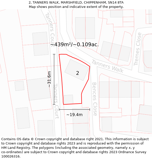 2, TANNERS WALK, MARSHFIELD, CHIPPENHAM, SN14 8TA: Plot and title map