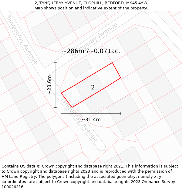 2, TANQUERAY AVENUE, CLOPHILL, BEDFORD, MK45 4AW: Plot and title map