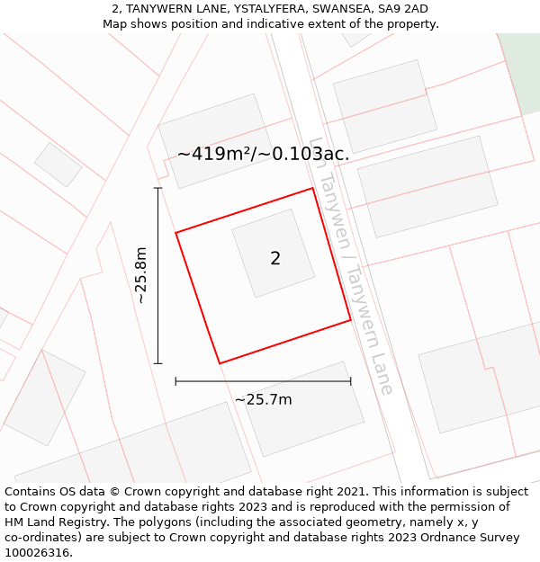 2, TANYWERN LANE, YSTALYFERA, SWANSEA, SA9 2AD: Plot and title map
