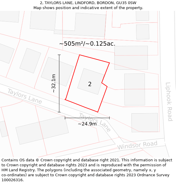 2, TAYLORS LANE, LINDFORD, BORDON, GU35 0SW: Plot and title map