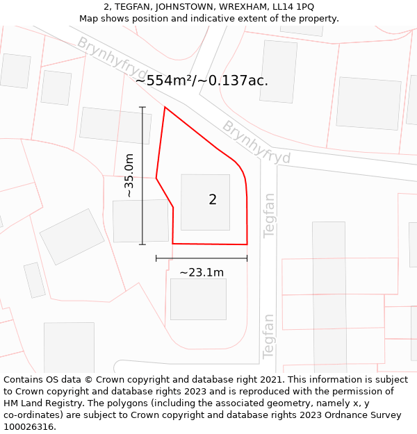 2, TEGFAN, JOHNSTOWN, WREXHAM, LL14 1PQ: Plot and title map