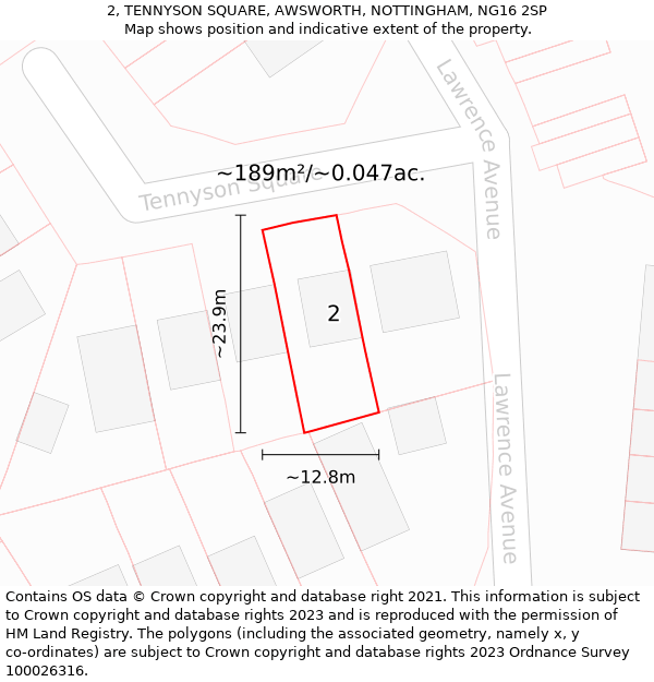 2, TENNYSON SQUARE, AWSWORTH, NOTTINGHAM, NG16 2SP: Plot and title map