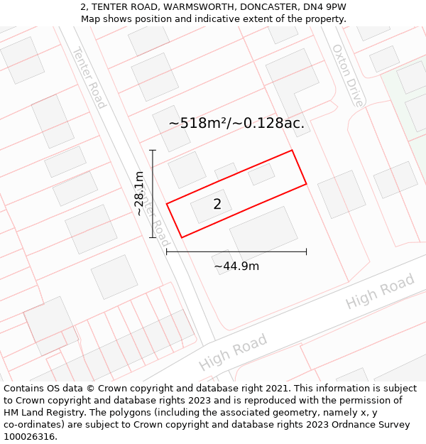 2, TENTER ROAD, WARMSWORTH, DONCASTER, DN4 9PW: Plot and title map