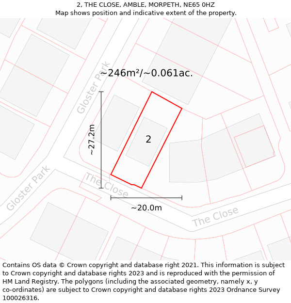 2, THE CLOSE, AMBLE, MORPETH, NE65 0HZ: Plot and title map