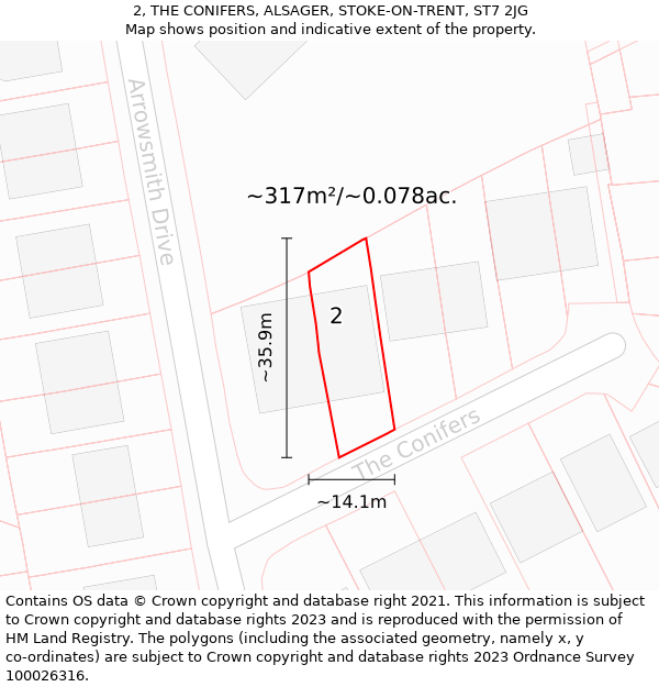 2, THE CONIFERS, ALSAGER, STOKE-ON-TRENT, ST7 2JG: Plot and title map