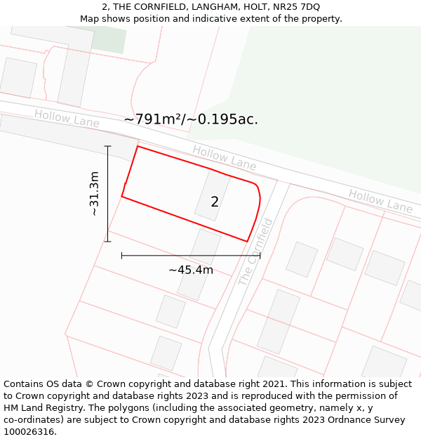 2, THE CORNFIELD, LANGHAM, HOLT, NR25 7DQ: Plot and title map