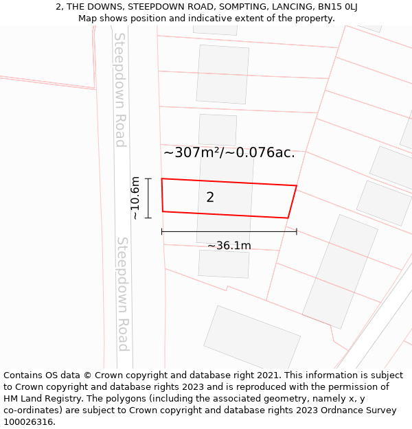 2, THE DOWNS, STEEPDOWN ROAD, SOMPTING, LANCING, BN15 0LJ: Plot and title map