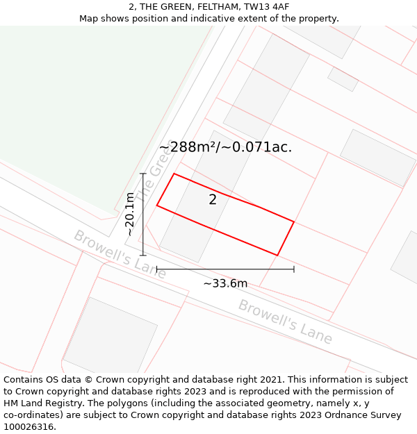 2, THE GREEN, FELTHAM, TW13 4AF: Plot and title map