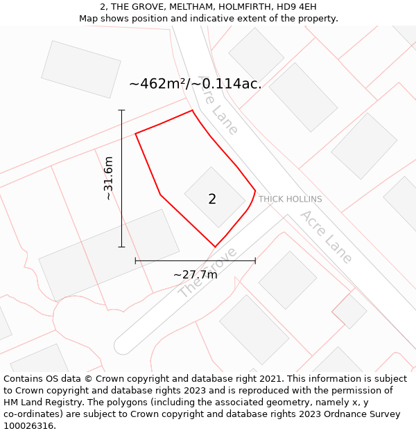 2, THE GROVE, MELTHAM, HOLMFIRTH, HD9 4EH: Plot and title map