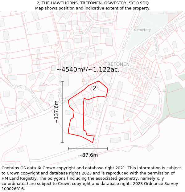 2, THE HAWTHORNS, TREFONEN, OSWESTRY, SY10 9DQ: Plot and title map