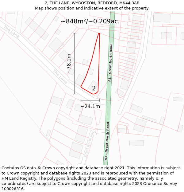 2, THE LANE, WYBOSTON, BEDFORD, MK44 3AP: Plot and title map
