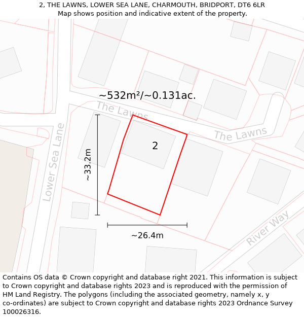 2, THE LAWNS, LOWER SEA LANE, CHARMOUTH, BRIDPORT, DT6 6LR: Plot and title map