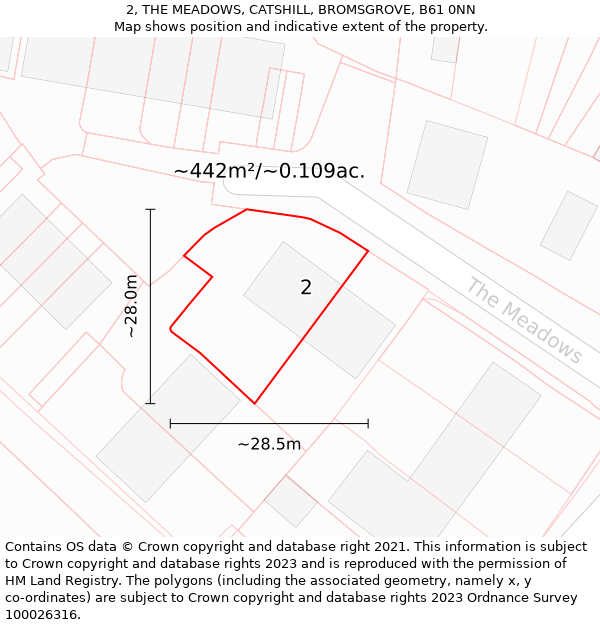 2, THE MEADOWS, CATSHILL, BROMSGROVE, B61 0NN: Plot and title map