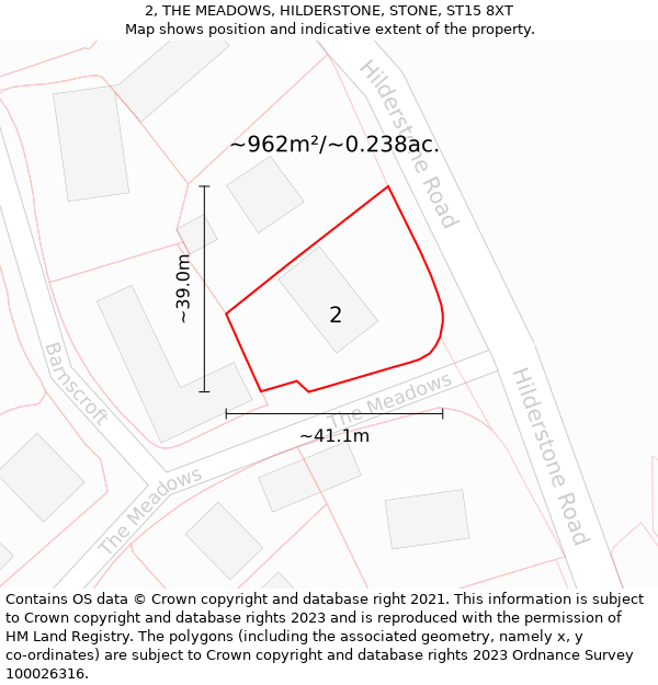 2, THE MEADOWS, HILDERSTONE, STONE, ST15 8XT: Plot and title map